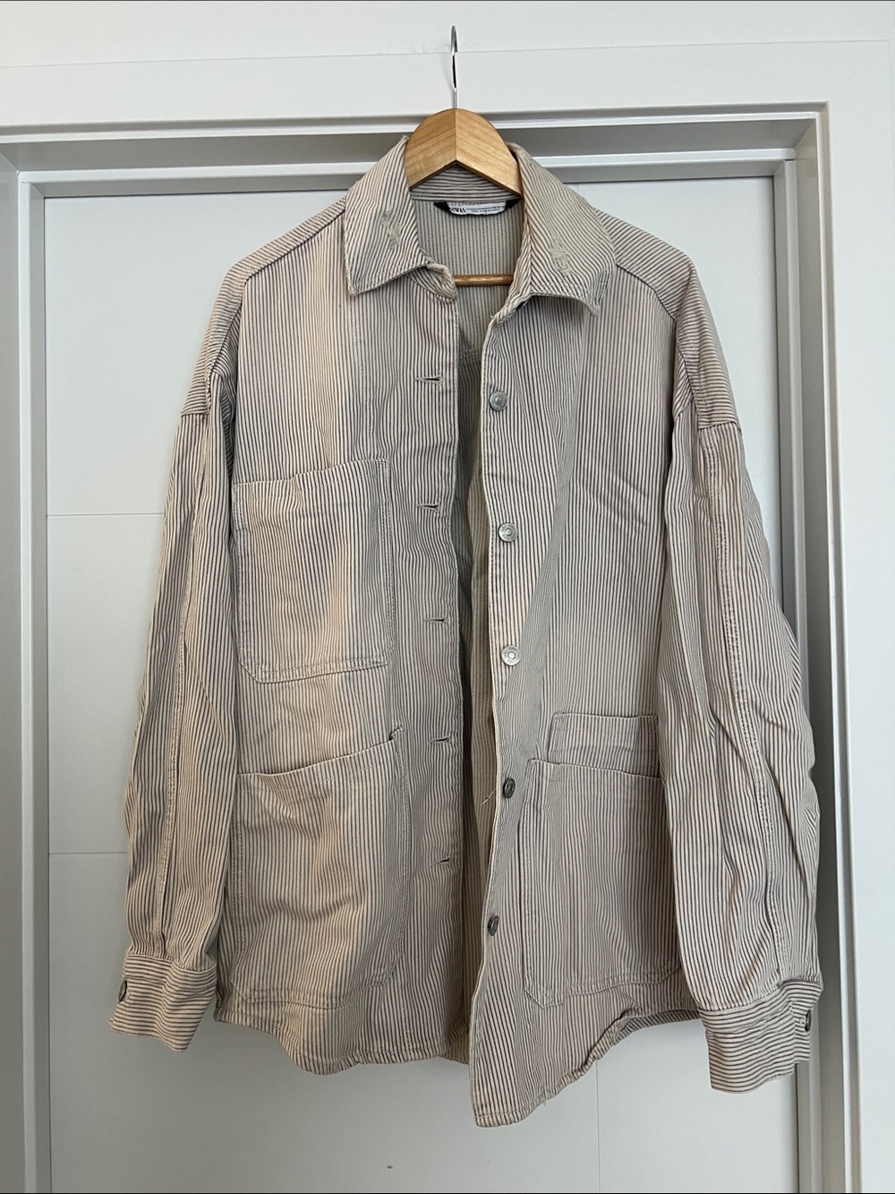 Zara Striped Light Purple Denim Button Jacket